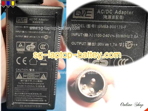  image of GVE GM53-300170-F ac adapter, 30V 1.7A GM53-300170-F Notebook Power ac adapter GVE30V1.7A51W-3Pins